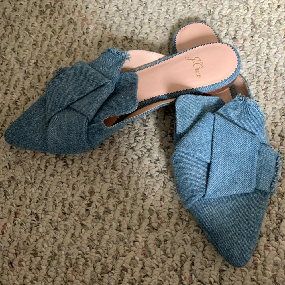 J. Crew Denim Blue Pointed-Toe Bow Mules